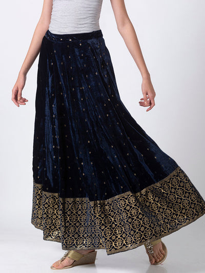Ethnicity Royal Navy Blue Velvet Lehenga Skirt with Gold Print and Border