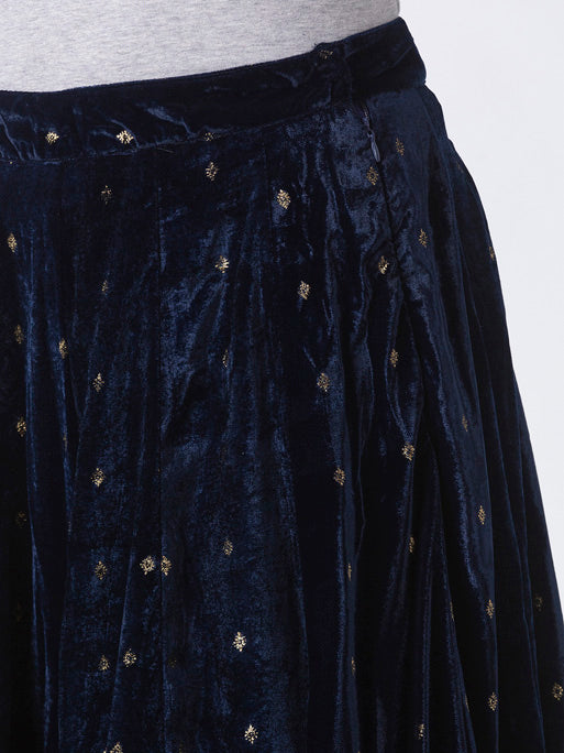 Ethnicity Royal Navy Blue Velvet Lehenga Skirt with Gold Print and Border