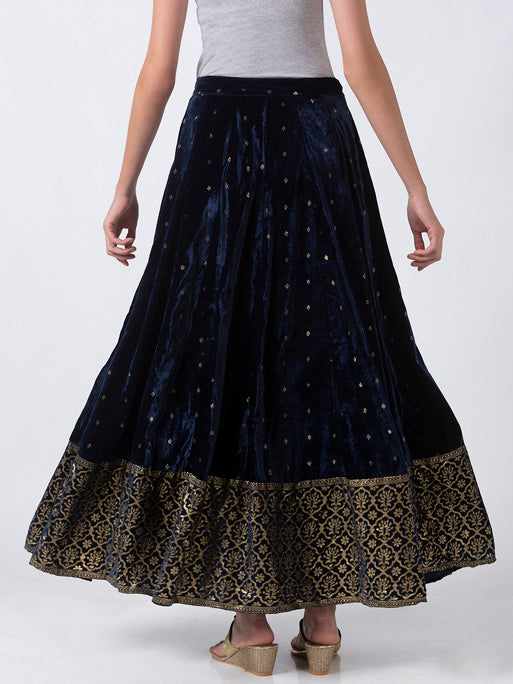 Ethnicity Royal Navy Blue Velvet Lehenga Skirt with Gold Print and Border
