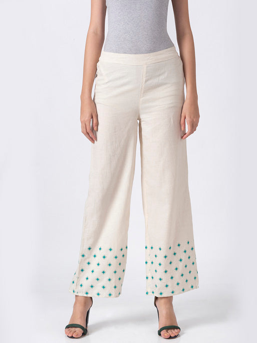Ethnicity Handcrafted Off-White and Teal Dotted Palazzo Pants