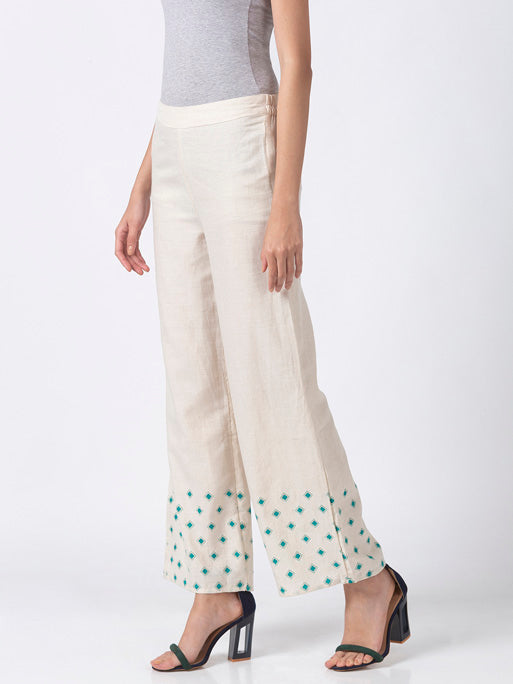 Ethnicity Handcrafted Off-White and Teal Dotted Palazzo Pants
