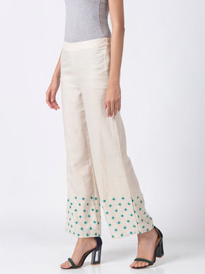 Ethnicity Handcrafted Off-White and Teal Dotted Palazzo Pants