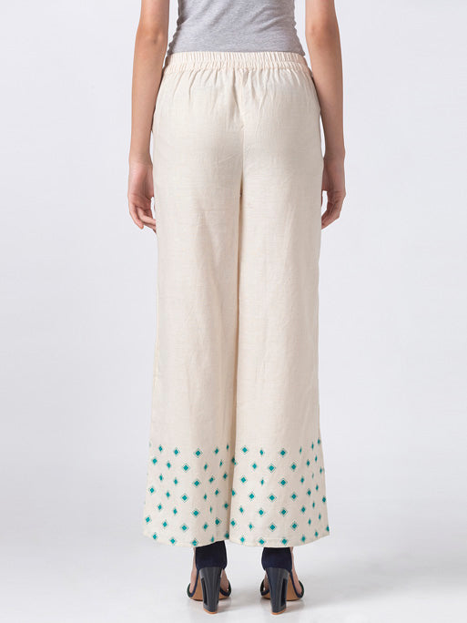 Ethnicity Handcrafted Off-White and Teal Dotted Palazzo Pants