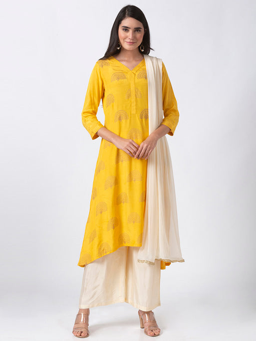 Ethnicity Bright Mustard 3-Piece Kurta Palazzo Dupatta Set