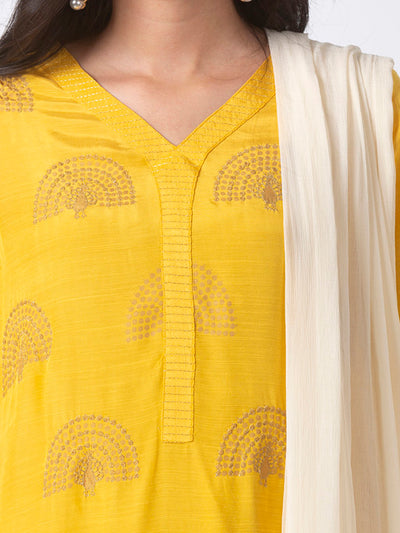 Ethnicity Bright Mustard 3-Piece Kurta Palazzo Dupatta Set
