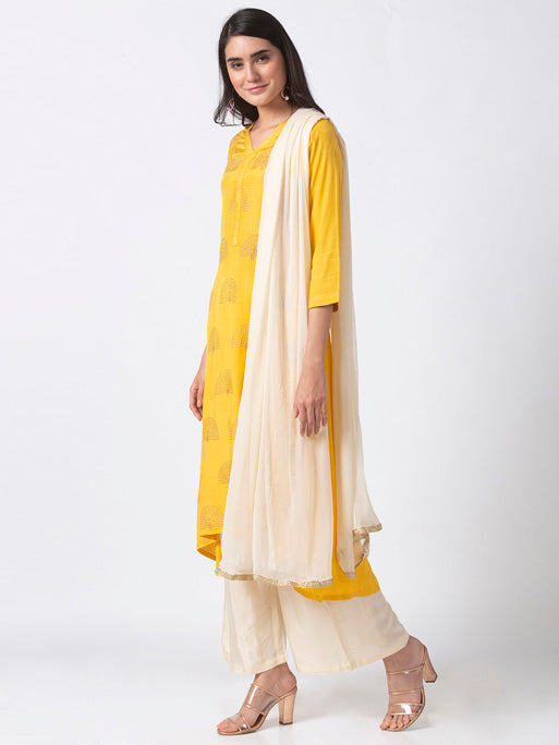 Ethnicity Bright Mustard 3-Piece Kurta Palazzo Dupatta Set