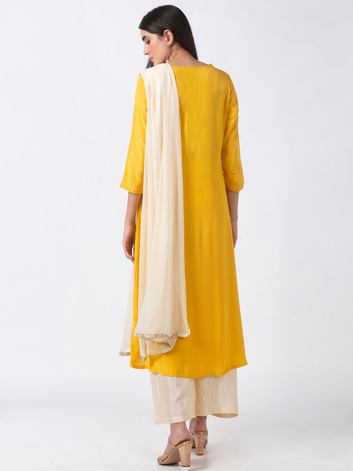 Ethnicity Bright Mustard 3-Piece Kurta Palazzo Dupatta Set