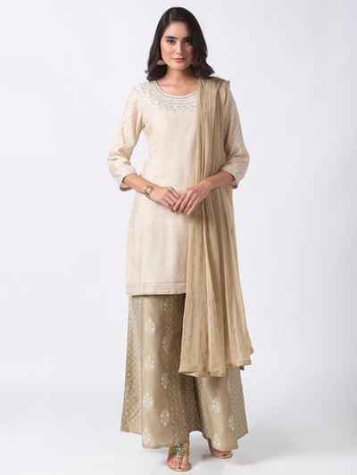 Ethnicity Handmade Solid Beige Suit Set With Unique Printed Palazzo