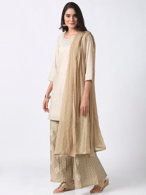 Ethnicity Handmade Solid Beige Suit Set With Unique Printed Palazzo