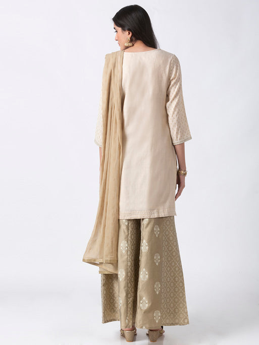 Ethnicity Handmade Solid Beige Suit Set With Unique Printed Palazzo