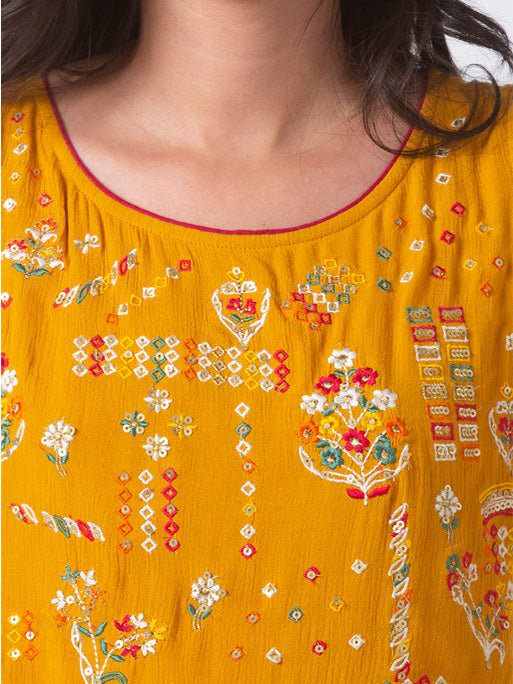 Ethnicity Handmade Cheerful Embroidered Mustard Sleeveless Tiered Dress