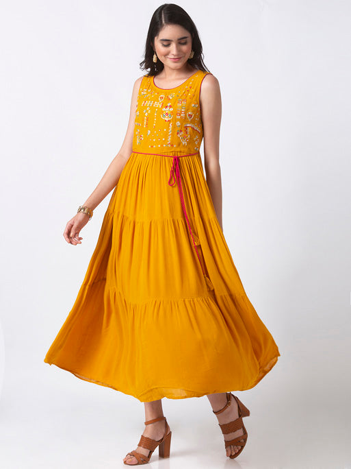 Ethnicity Handmade Cheerful Embroidered Mustard Sleeveless Tiered Dress