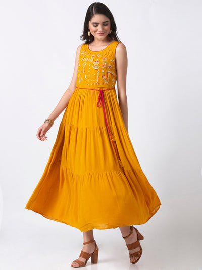Ethnicity Handmade Cheerful Embroidered Mustard Sleeveless Tiered Dress