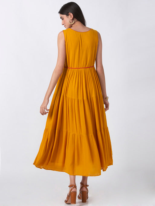 Ethnicity Handmade Cheerful Embroidered Mustard Sleeveless Tiered Dress