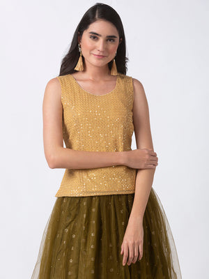 Ethnicity Handcrafted Gold Sequined Sleeveless Top