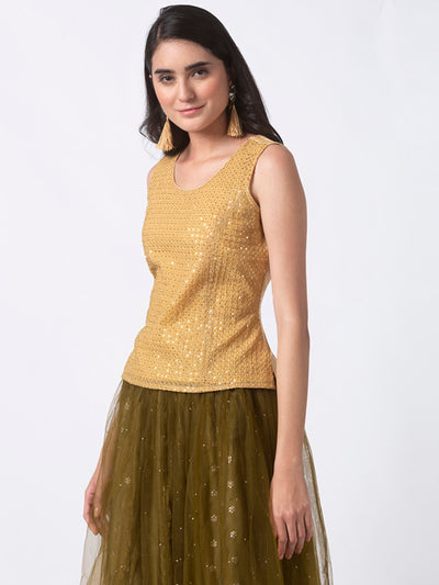 Ethnicity Handcrafted Gold Sequined Sleeveless Top