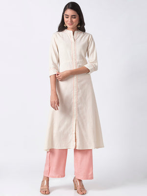Ethnicity Off-White Long Kurta Tunic with Functional Button Placket