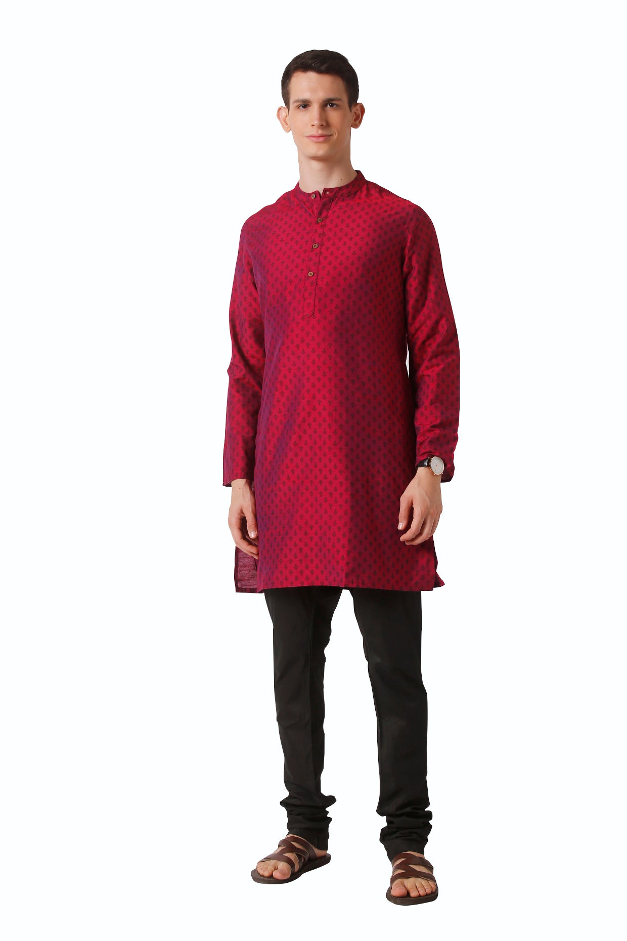 In-Sattva Men's Mandarin Collar Micro Dobby Fine Print Mid-Length Kurta Tunic Magenta