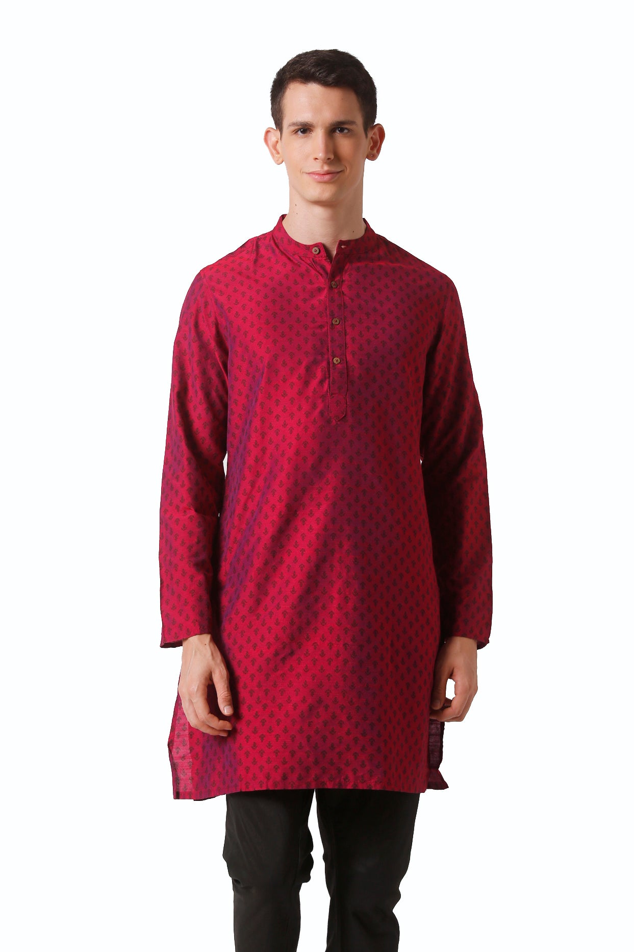 In-Sattva Men's Mandarin Collar Micro Dobby Fine Print Mid-Length Kurta Tunic Magenta