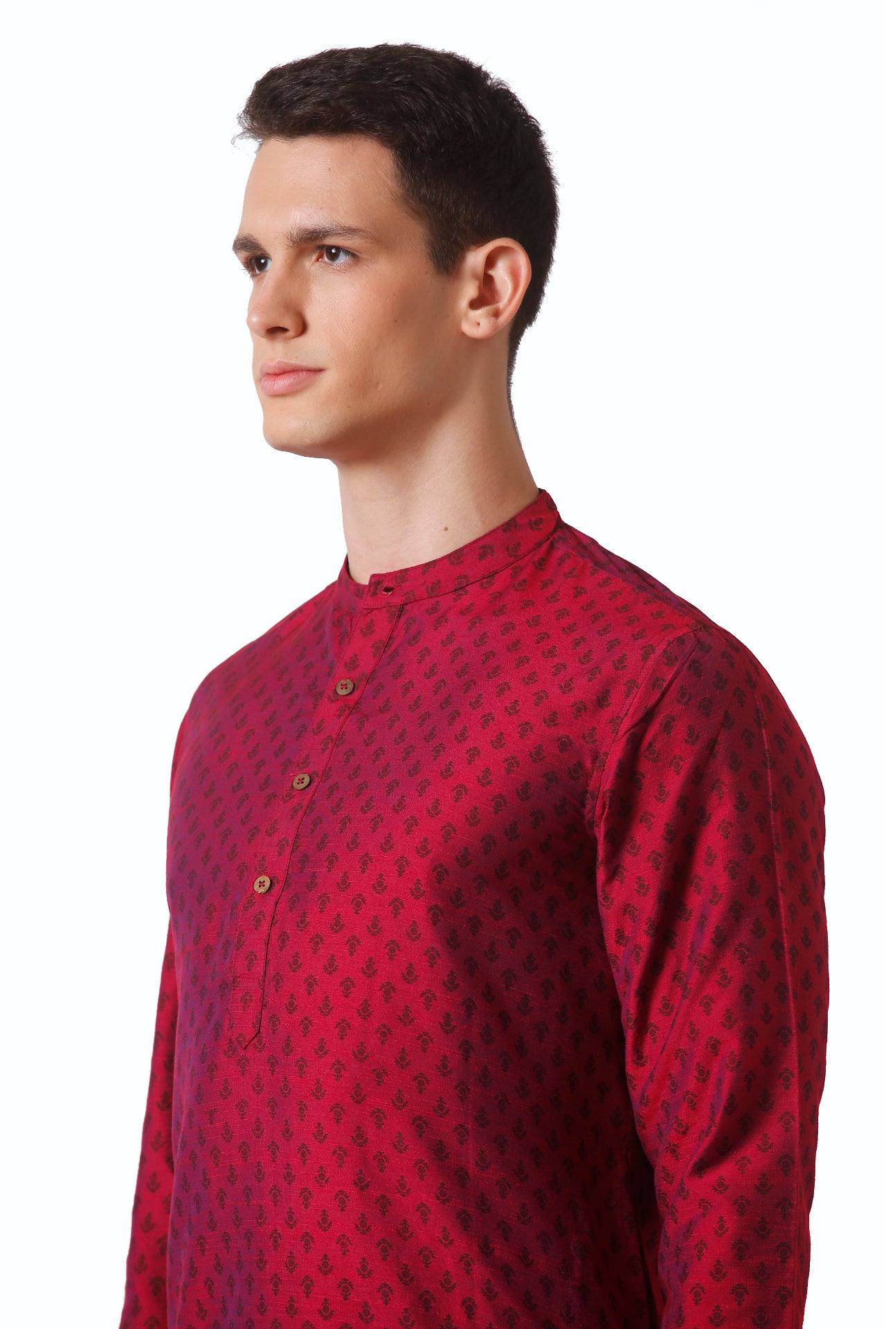 In-Sattva Men's Mandarin Collar Micro Dobby Fine Print Mid-Length Kurta Tunic Magenta