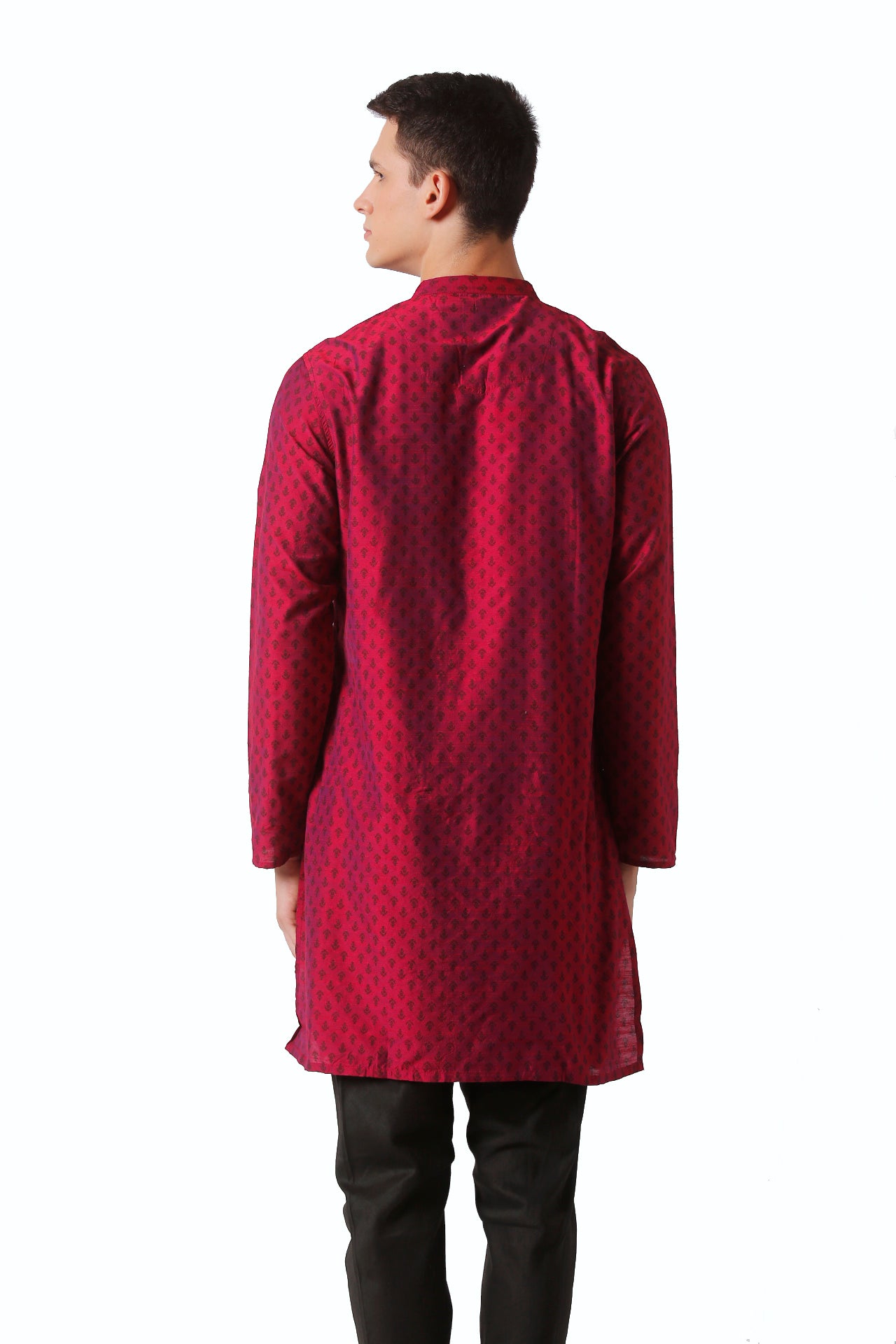In-Sattva Men's Mandarin Collar Micro Dobby Fine Print Mid-Length Kurta Tunic Magenta
