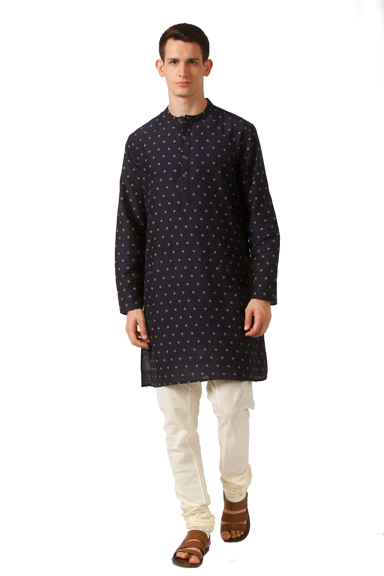 In-Sattva Men's Mandarin Collar Micro Dobby Fine Print Mid-Length Kurta Tunic Navy Blue