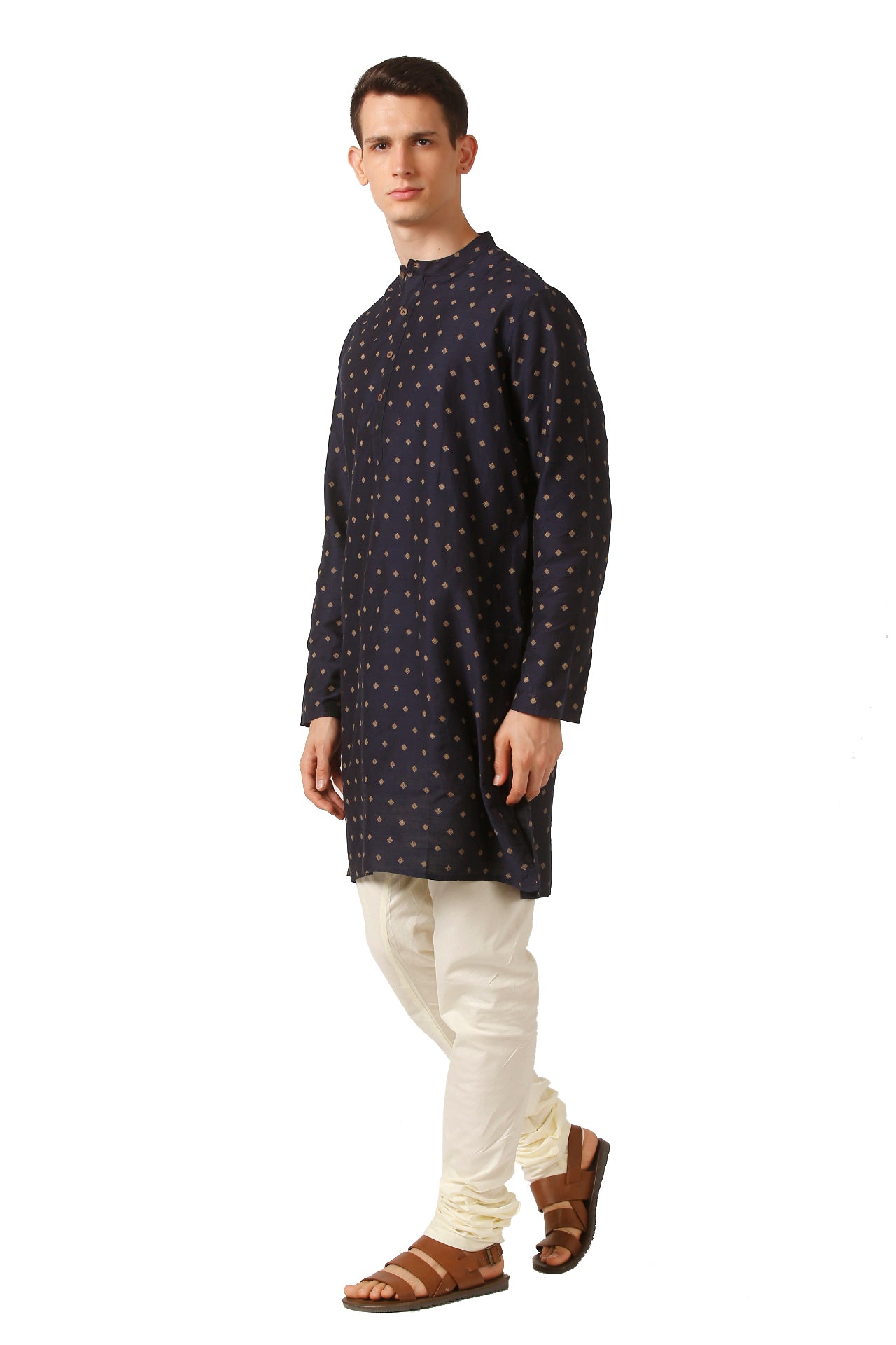 In-Sattva Men's Mandarin Collar Micro Dobby Fine Print Mid-Length Kurta Tunic Navy Blue