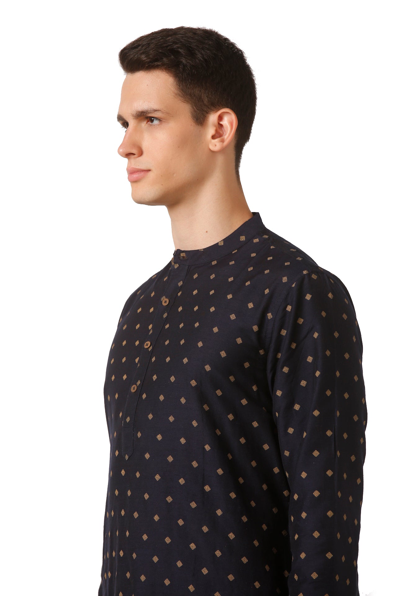 In-Sattva Men's Mandarin Collar Micro Dobby Fine Print Mid-Length Kurta Tunic Navy Blue