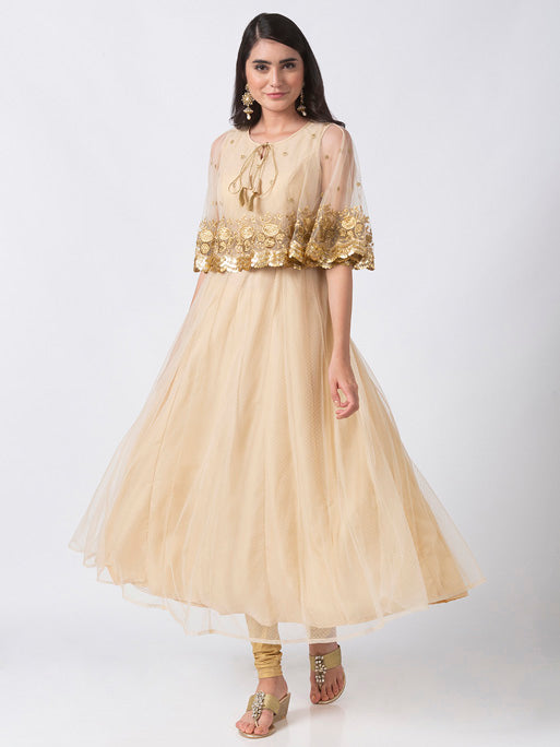 Ethnicity Elegant Handmade Gold Embroidered Beige Sleeveless Dress with Cape