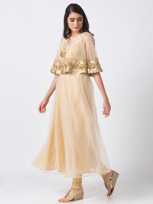 Ethnicity Elegant Handmade Gold Embroidered Beige Sleeveless Dress with Cape