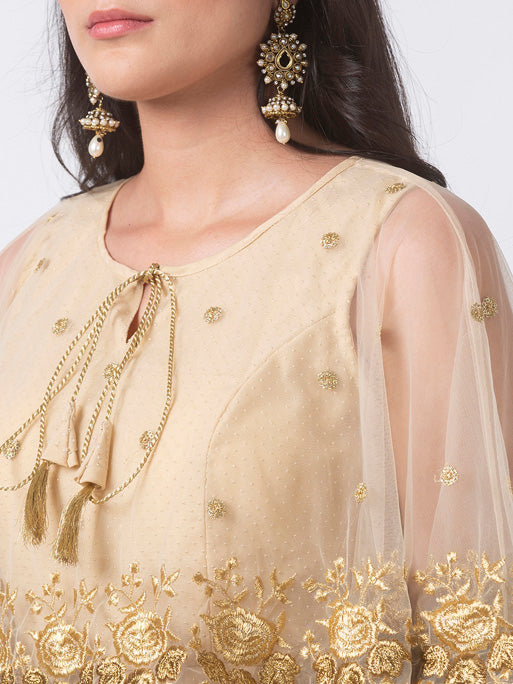 Ethnicity Elegant Handmade Gold Embroidered Beige Sleeveless Dress with Cape