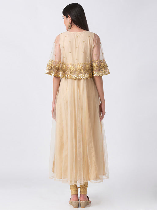 Ethnicity Elegant Handmade Gold Embroidered Beige Sleeveless Dress with Cape