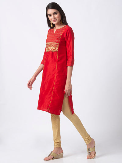 In-Sattva Women's Regal Embroidered Red and Gold Long Kurta Tunic