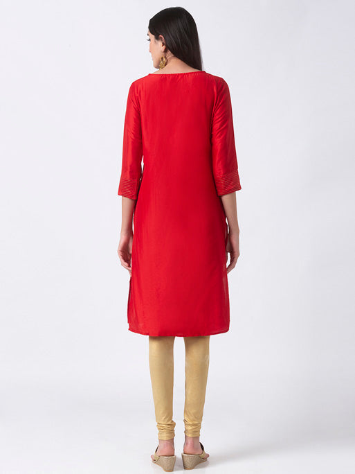 In-Sattva Women's Regal Embroidered Red and Gold Long Kurta Tunic
