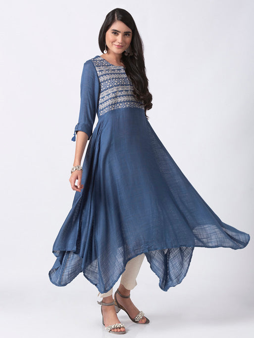 Ethnicity Handmade Embroidered Blue Asymmetrical Flared Long Tunic Dress