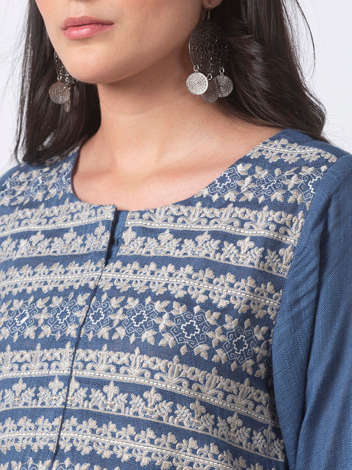 Ethnicity Handmade Embroidered Blue Asymmetrical Flared Long Tunic Dress
