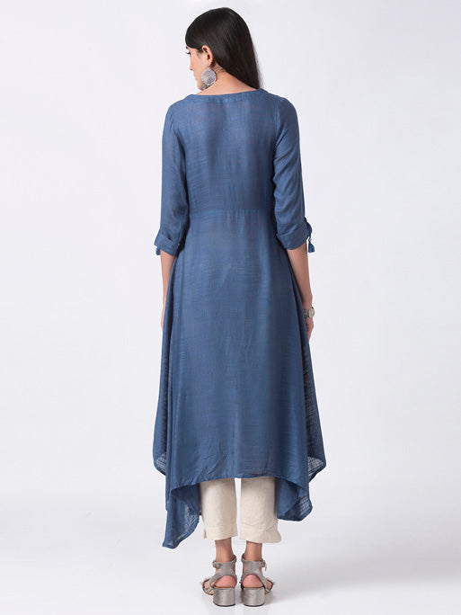 Ethnicity Handmade Embroidered Blue Asymmetrical Flared Long Tunic Dress