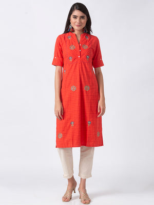 Ethnicity Artisan Coral Embroidered with Button-down Placket