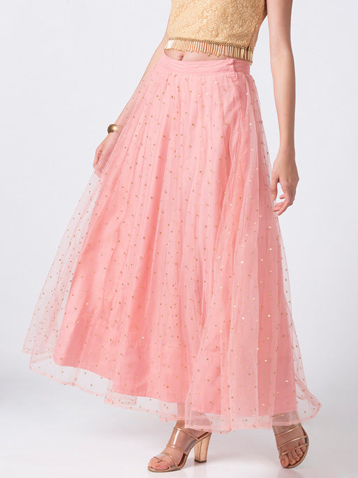 Ethnicity Classic Pink Net Lehenga Skirt with Gold Sequences