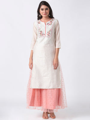 In-Sattva Women's White Long Kurta Tunic with Pastel Floral Embroidery