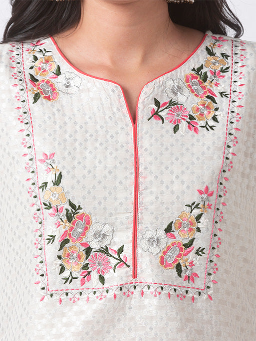 In-Sattva Women's White Long Kurta Tunic with Pastel Floral Embroidery