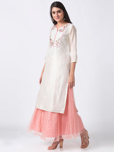 In-Sattva Women's White Long Kurta Tunic with Pastel Floral Embroidery