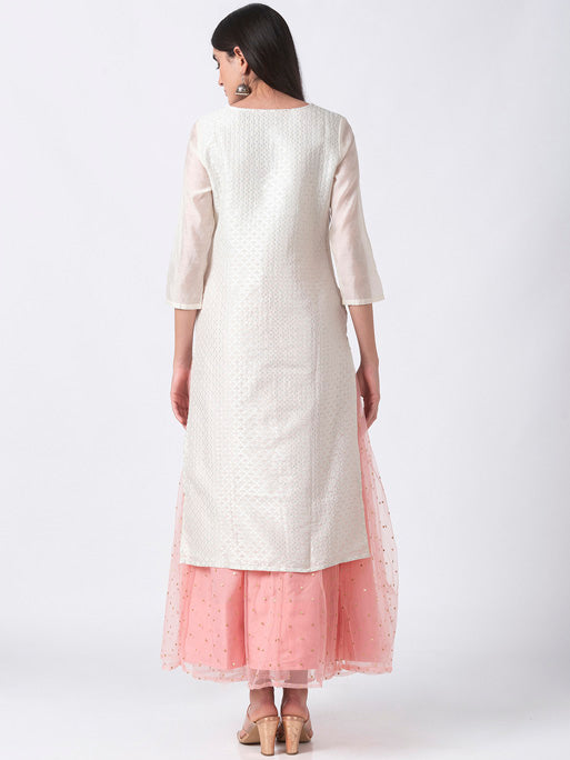 In-Sattva Women's White Long Kurta Tunic with Pastel Floral Embroidery