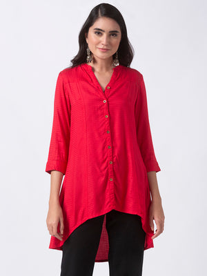 Ethnicity Red High-Low Kurta Tunic with Functional Button Placket