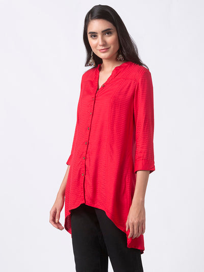 Ethnicity Red High-Low Kurta Tunic with Functional Button Placket