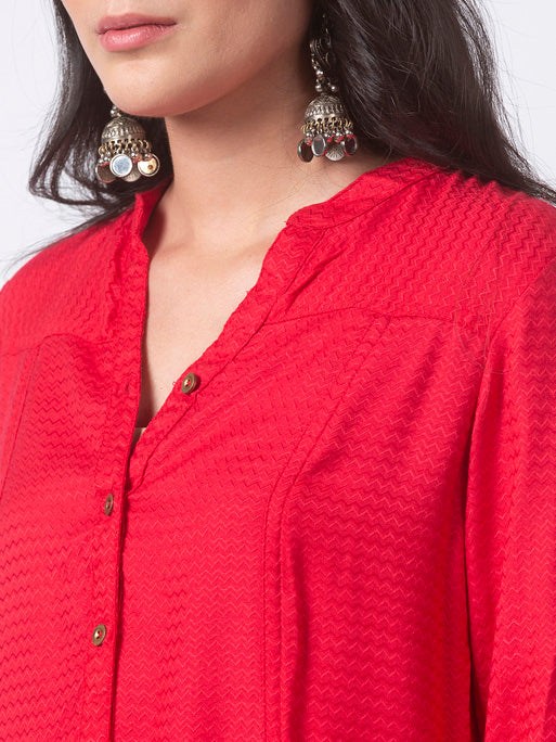 Ethnicity Red High-Low Kurta Tunic with Functional Button Placket