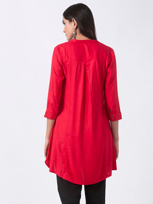Ethnicity Red High-Low Kurta Tunic with Functional Button Placket