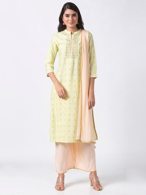 Ethnicity Women's Mint Green Printed 3-Piece Kurta Peach dupatta and Palazzo