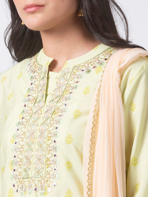 Ethnicity Women's Mint Green Printed 3-Piece Kurta Peach dupatta and Palazzo