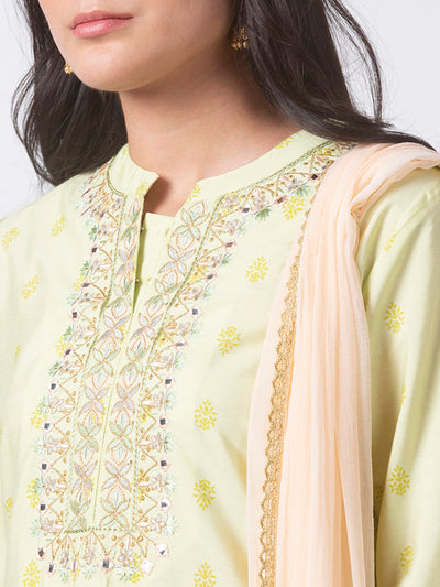 Ethnicity Women's Mint Green Printed 3-Piece Kurta Peach dupatta and Palazzo